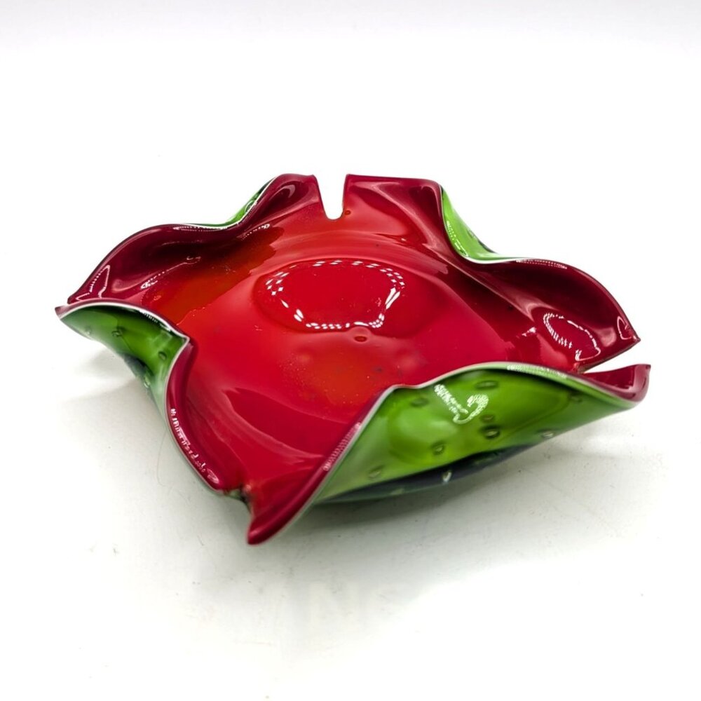 Vintage Murano Blown Art Glass Bowl Red & Green Ruffled Edge Decorative Piece 19